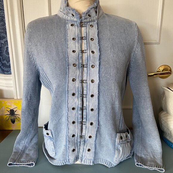 Military style knit cardigan with denim accents - Medium - Sgt. Pepper - Picture 2 of 14